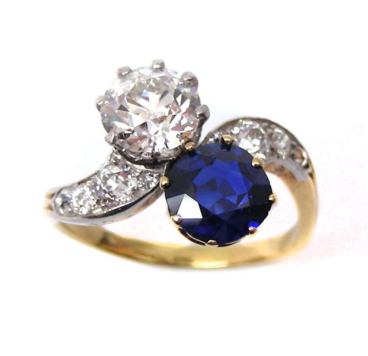 Early 20th century sapphire and diamond crossover ring